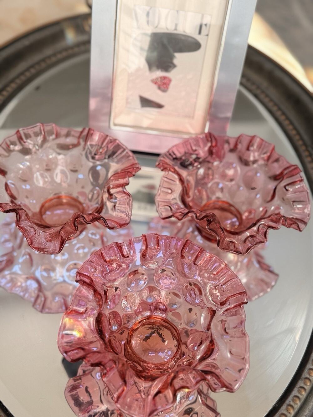 Vintage Eclectic Fenton Cranberry Glass Ruffled Bowl – Pink Art Decor SET of 3